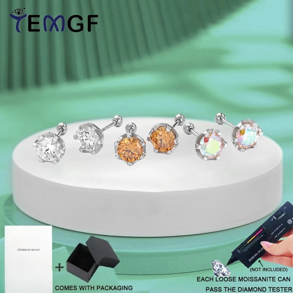 

TEMGF Multicolor Moissanite Ear Studs With GRA for Women Men 925 Silver Earrings Party Fashion Fine Jewelry Couple Birthday Gift
