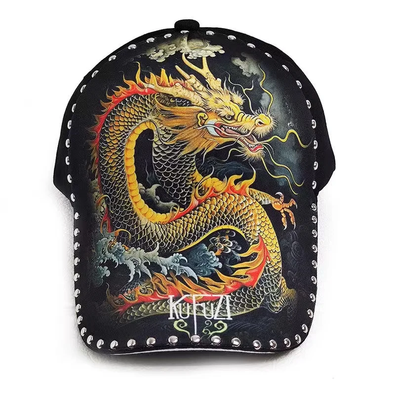 2024 Dragon Hat Men's Golden Dragon Printing Baseball Hat Fashion Stylish Duck Tongue Hat Cotton Hard Top China-chic Dragon Caps