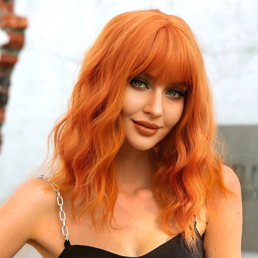 Synthetic Orange Cosplay Wig with Bangs for Women Shoulder Long Curly Copper Ginger Wigs Natural Heat Resistant Halloween Hair