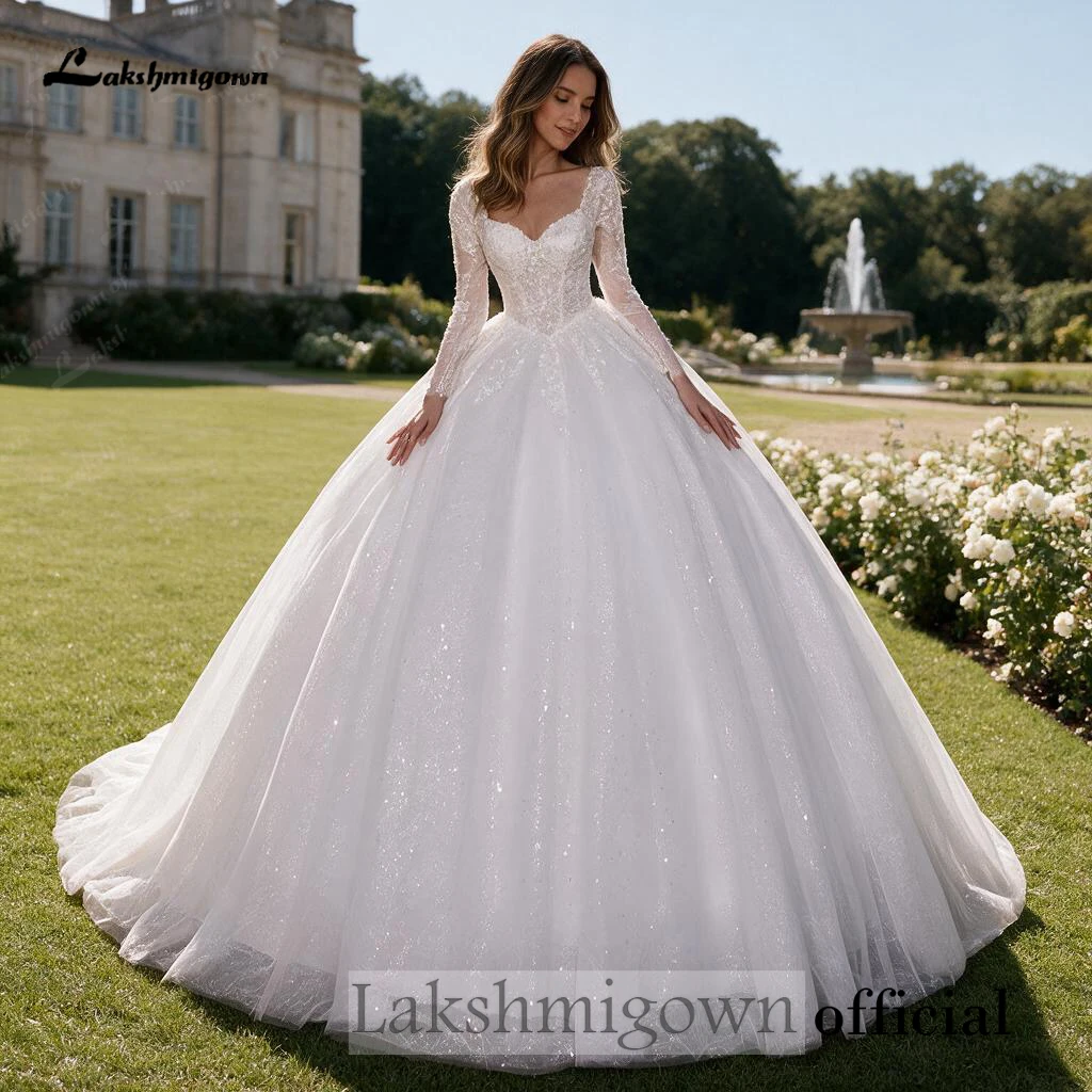 Lakshmigown Brautkleid mit langen Ärmeln, voller Glitzer-Tüll, A-Linie, Spitzenoberteil, Korsett-Rücken, Hofschleppe, maßgeschneidert – Detail 5