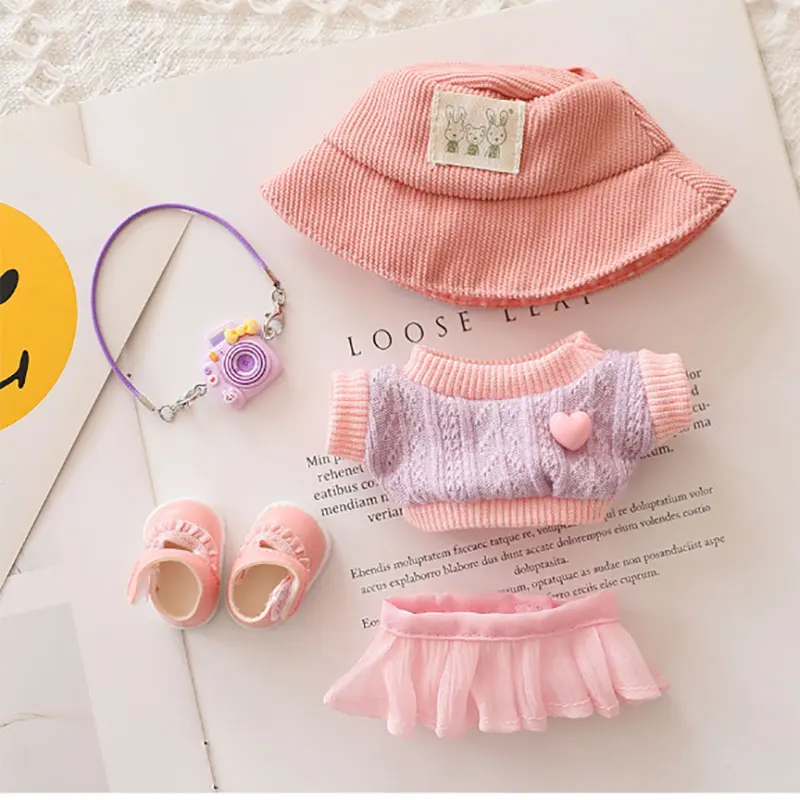 Vêtements de poupée en peluche faits à la main, couleur unie, chapeau décontracté, pull en tricot, jupe en fil, ensemble doux pour accessoires de vêtements Labubu de 17cm