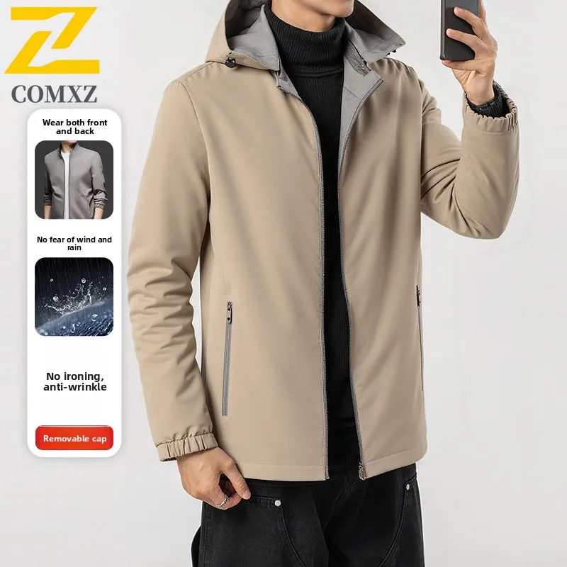 Autumn 2-sided Jacket Men's Minimalist Casual Loose Anti-wrinkle Waterproof Windbreaker Male Hiking Fishing Detachable Cap Coat