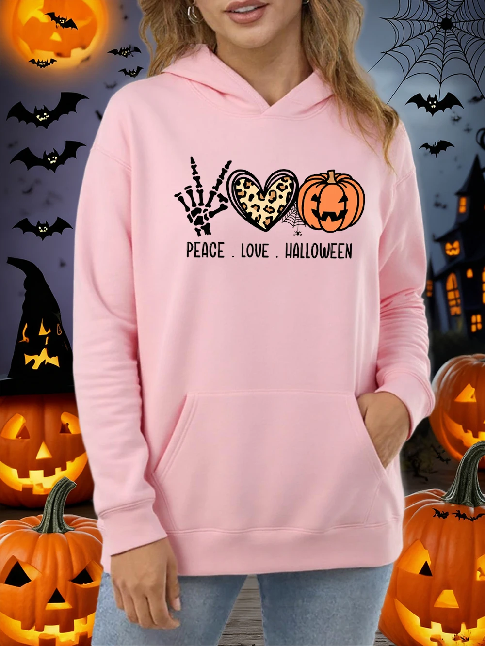 

Женские толстовки с принтом тыквы и сердечками, паутины, осенняя толстовка с карманами, универсальная мягкая уличная одежда, хлопковая повседневная женская толстовка