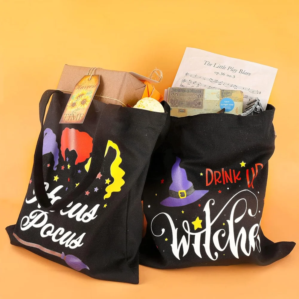 Halloween Canvas Tote Bags Hocus Pocus Witch Theme Shopping Bag with Handle Candy Grocery Bag Trick or Treat Bag Party Favor