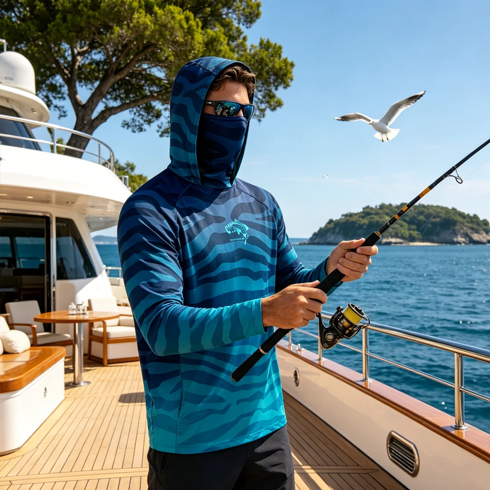 

Summer Fishing Hoodie Men Long Sleeve Face Mask Design UPF50+ Sun Protection Quick Dry Breathable Outdoor Angling Fisherman Tops