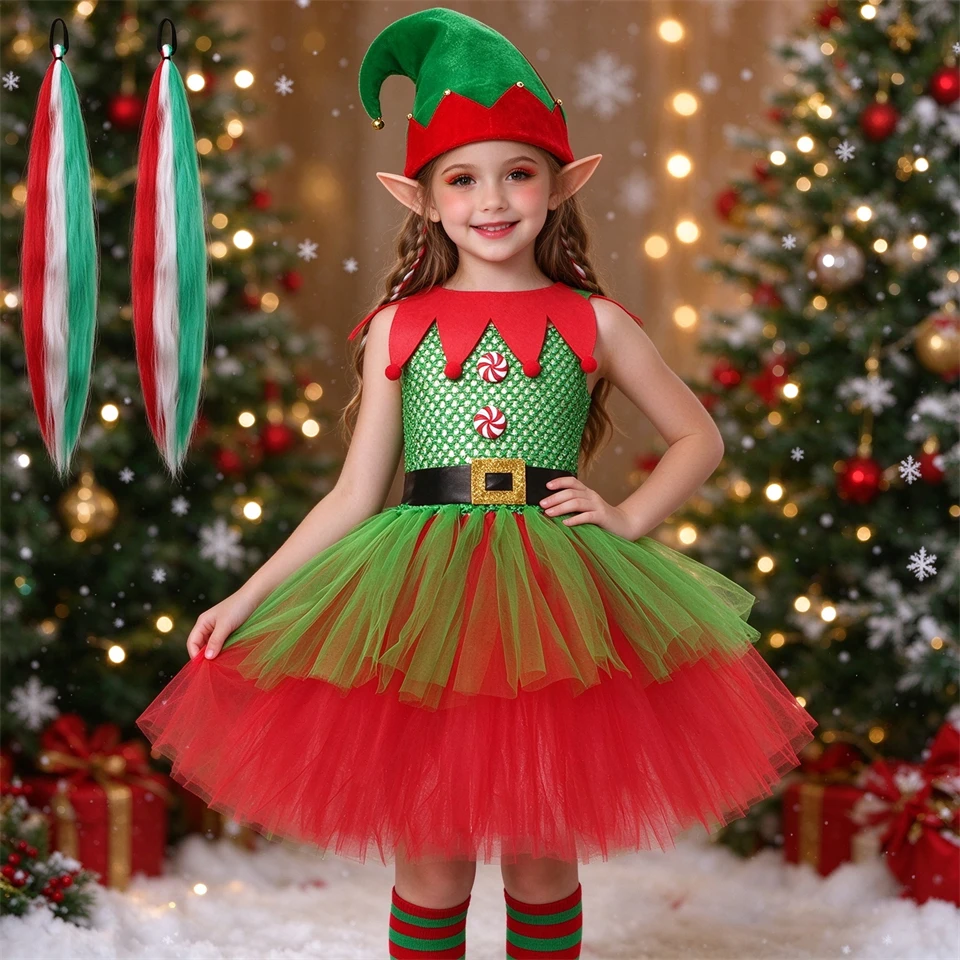 Green Christmas Elf Layered Mesh Tulle Dress for Girls Festive Children's Carnival Party Stage Performance School Play Costume
