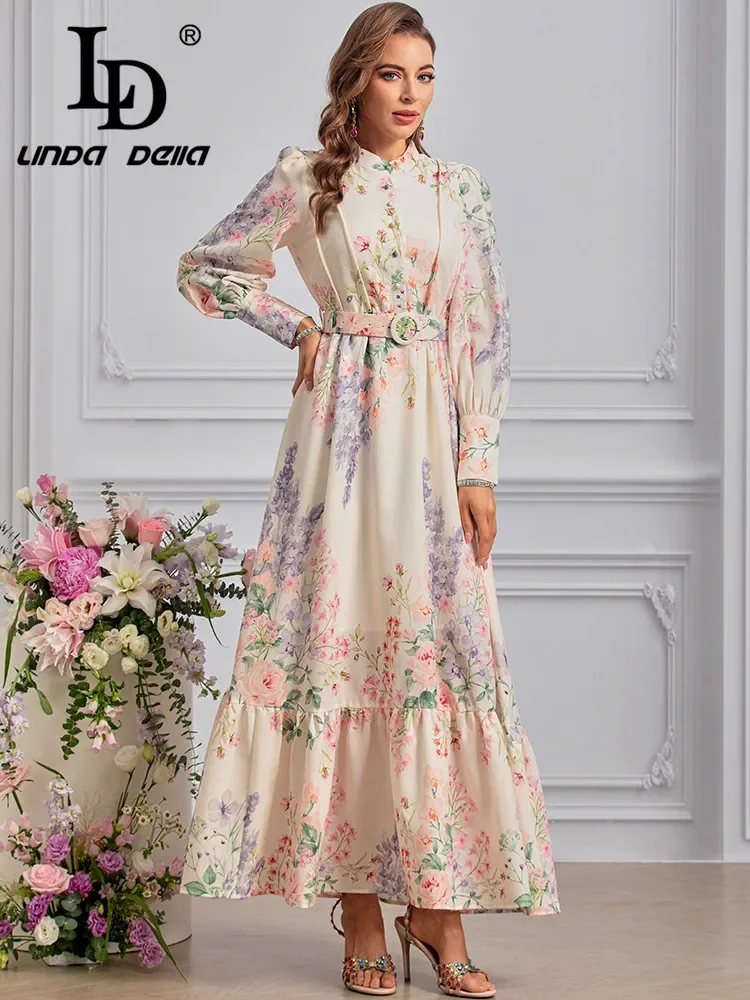 LD LINDA DELLA Fashion Designer Summer Dress Women's Bohemian Floral Print Chiffon Single Breasted Sashes Ruffle Hem Dresses