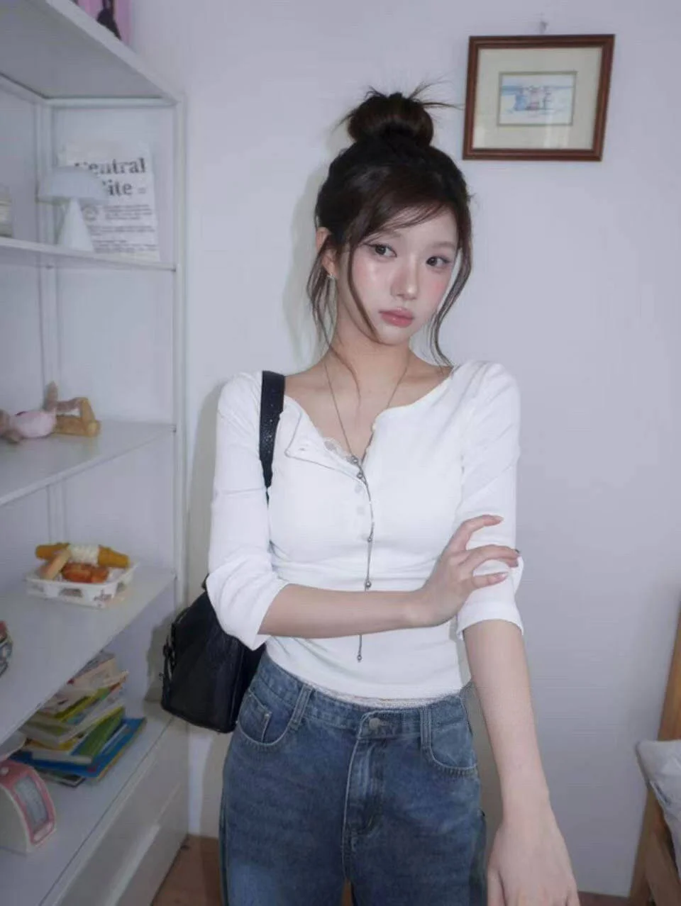 Classic Korean Style Long Sleeve Button up Henry T-Shirt Versatile Basic Spring Summer New Arrival Women's Fashion Top