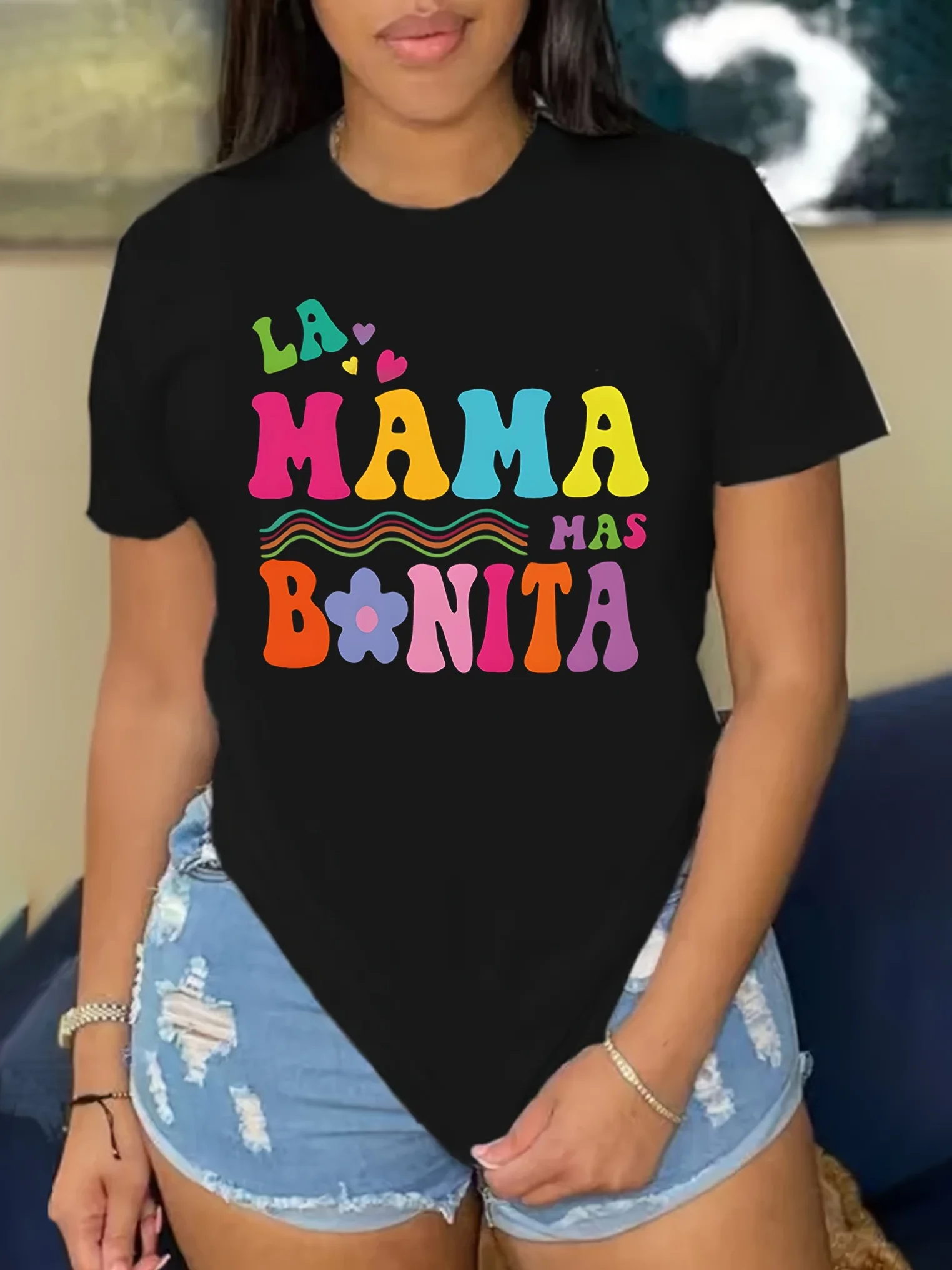 

Floral & MAMA Letter Print T-shirt Short Sleeve Crew Neck Casual Top For Summer &Fashion casual summer top 2024 New Harajuku