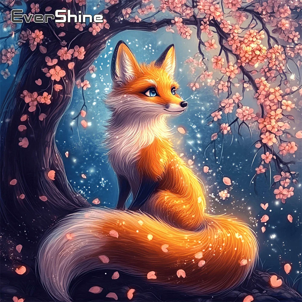 Evershine 5D Diamant-Mosaik Fuchs Vollquadrat-Drucknadelbild Tiermotiv Strass-Stickerei Kirschblüte Kinder-Hobby