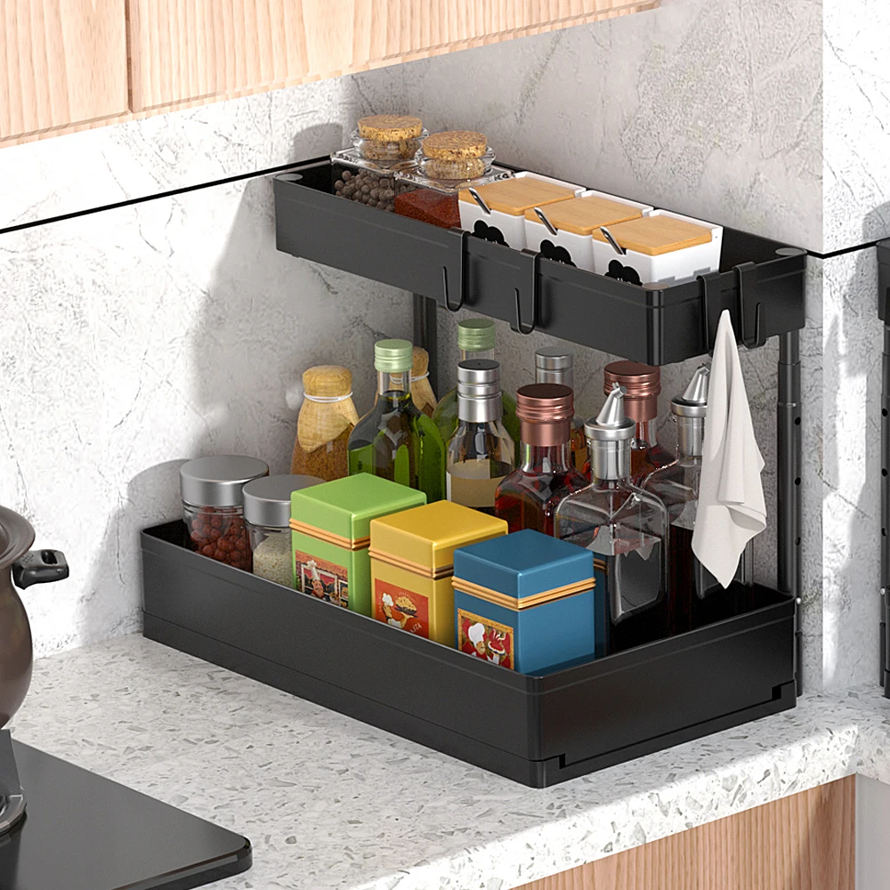 

2 Tier Under Sink Organizer Sliding Cabinet Basket Organizer Storage Rack with Hooks Hanging Cup Bathroom Kitchen Organizer