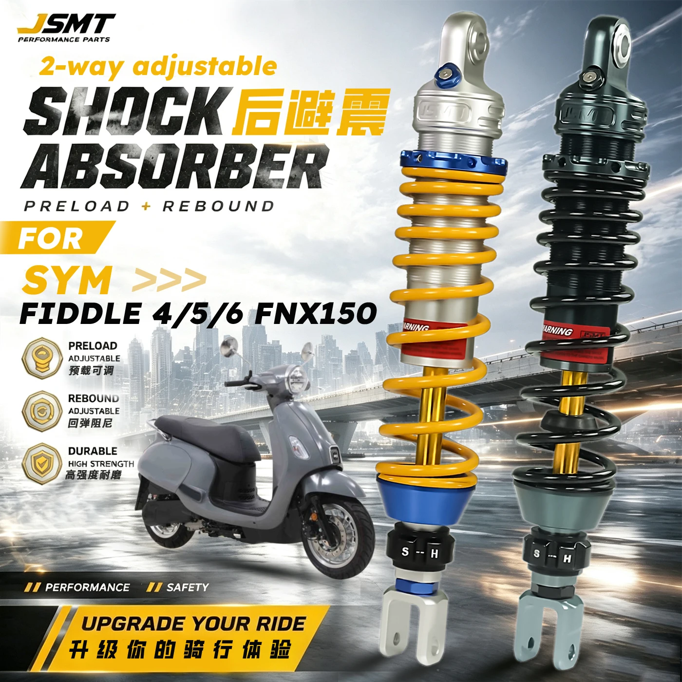 JSMT FOR SYM Fiddle4 Fiddle5 Fiddle6 FNX150 Rear Shock Absorber Adjustable Preload Rebound Suspension