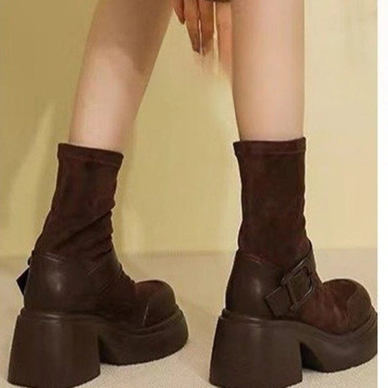 Long Boots Women Platform Elastic Socks Boots British Wind Show Thin Metal Buckle Ankle Boots 2025 New