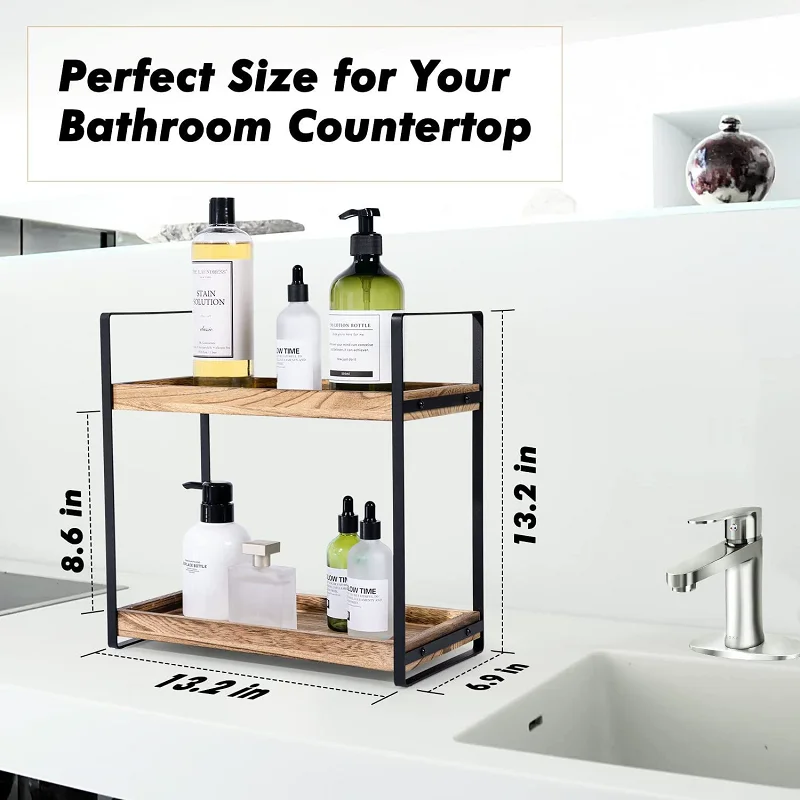 2 Tier Countertop Organizer Cosmetic Storage Rack Multifunction Wooden Metal Spice Rack Kitchen Bathroom Storage Organizer