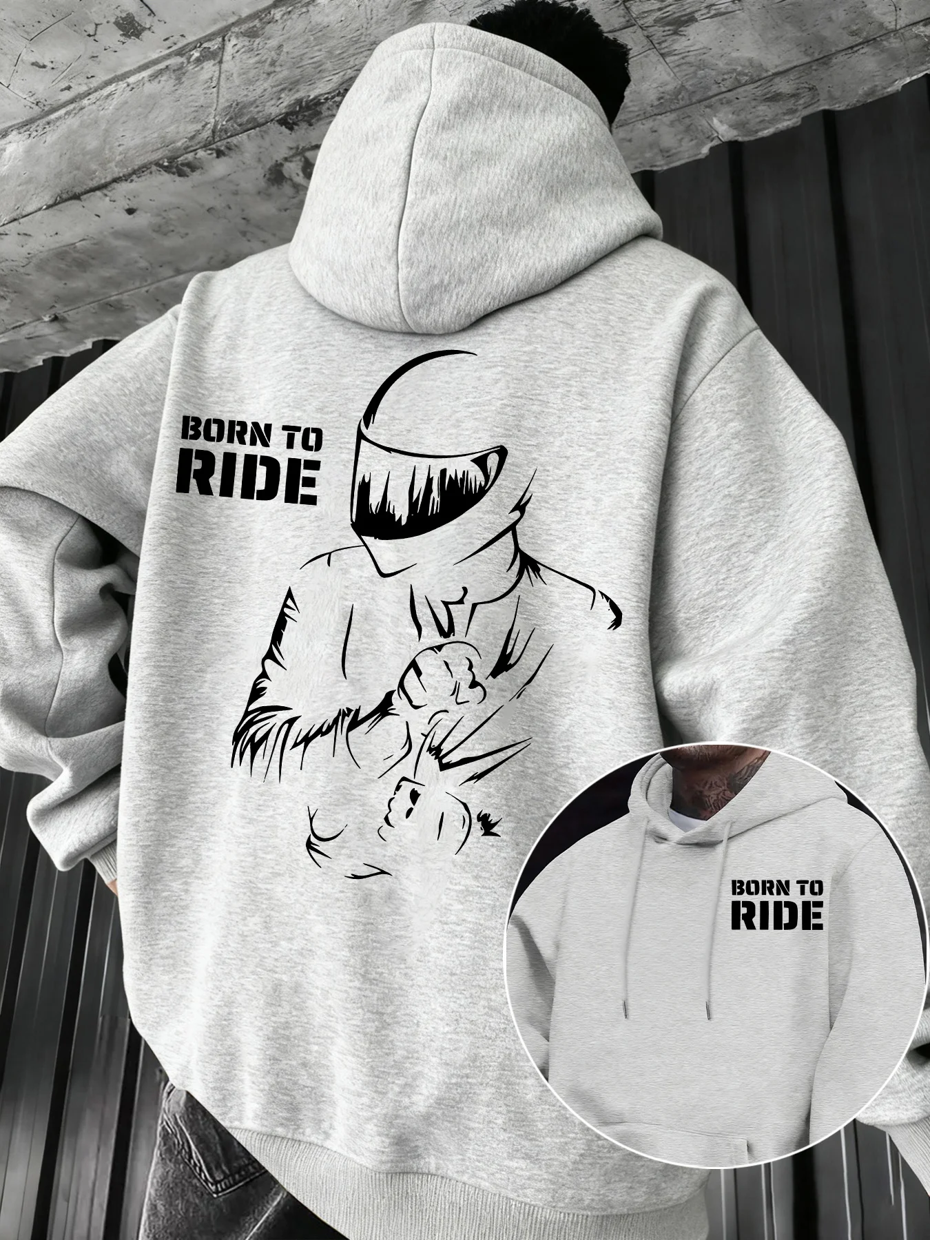 Herren Casual Oversized Kapuzenpullover Schwarz mit Aufdruck „Born To Ride“ für Motorradfahrer, locker geschnittener Langarm-Pullover. – Detail 6