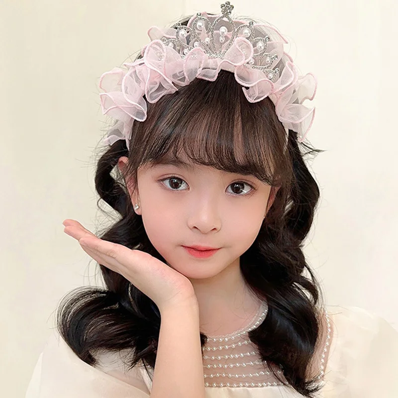 

Mesh Crown Hair Hoops Pearl Rhinestone Hairband Birthday Party Photo Props Fairy Girl Headdress Simulated Kids Hair Accessories