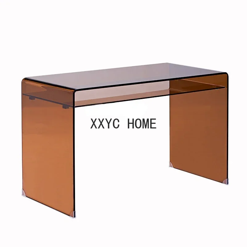 

Amber-Yellow Glass Minimalist Light Luxury Desk Home Computer Desk Minimalist Small Desk 60cm Long