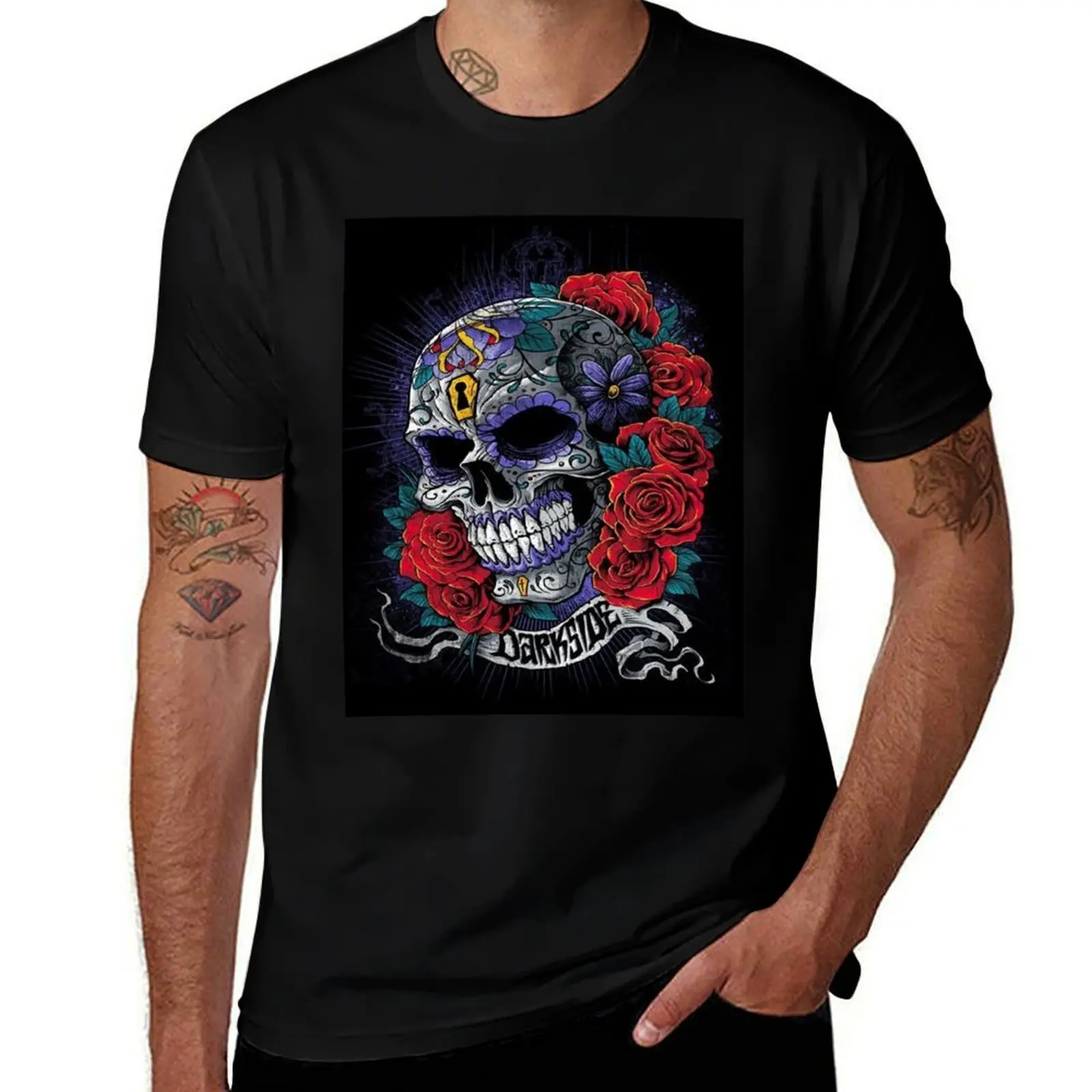 Darkside Skull Roses and flowers T-Shirt Tough Fabric Work Tee T-Shirt