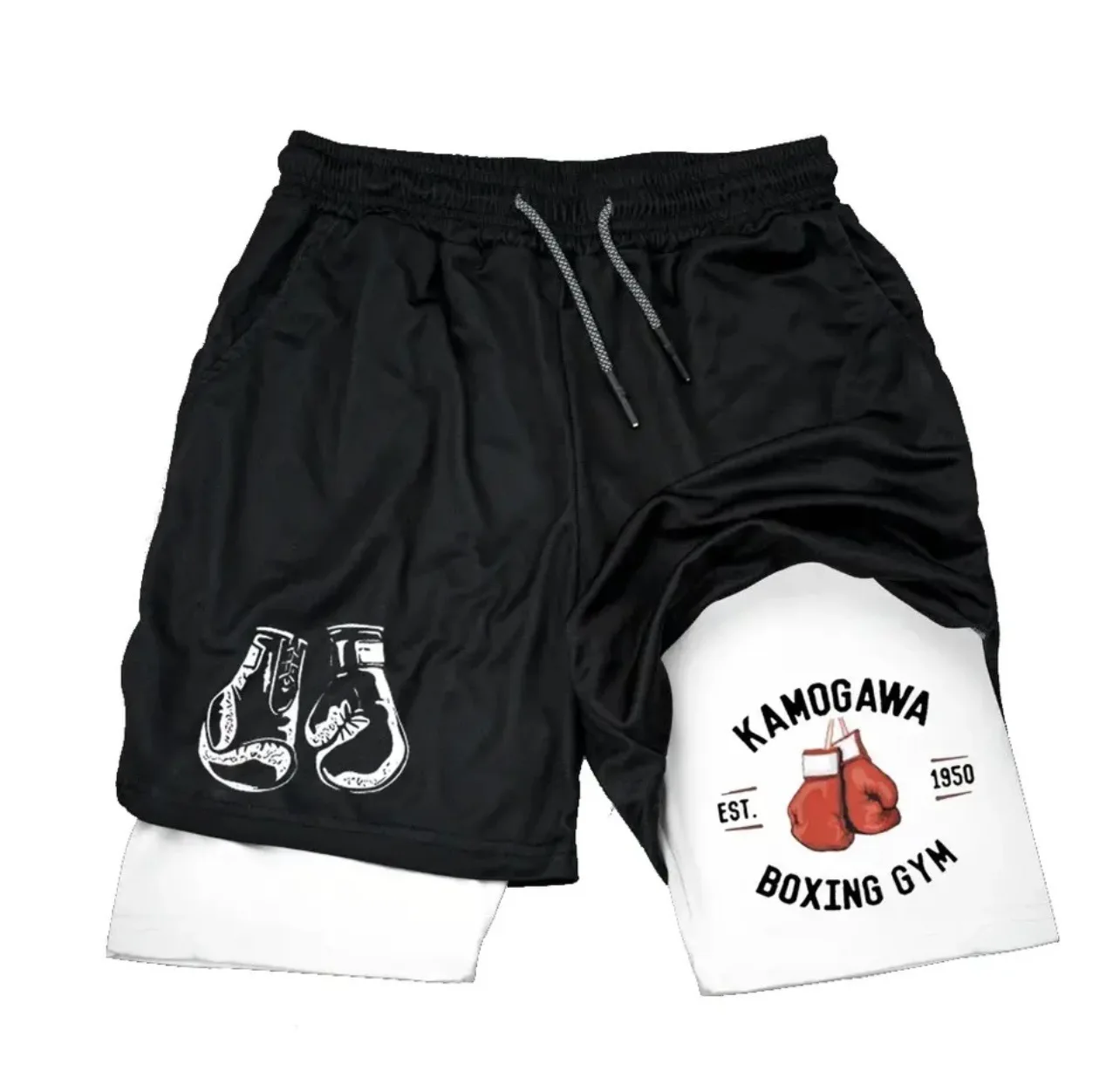 2025 Summer Anime Boxing Men's 2-in-1 Double layer Sports Shorts New Fake Two piece Sports Shorts