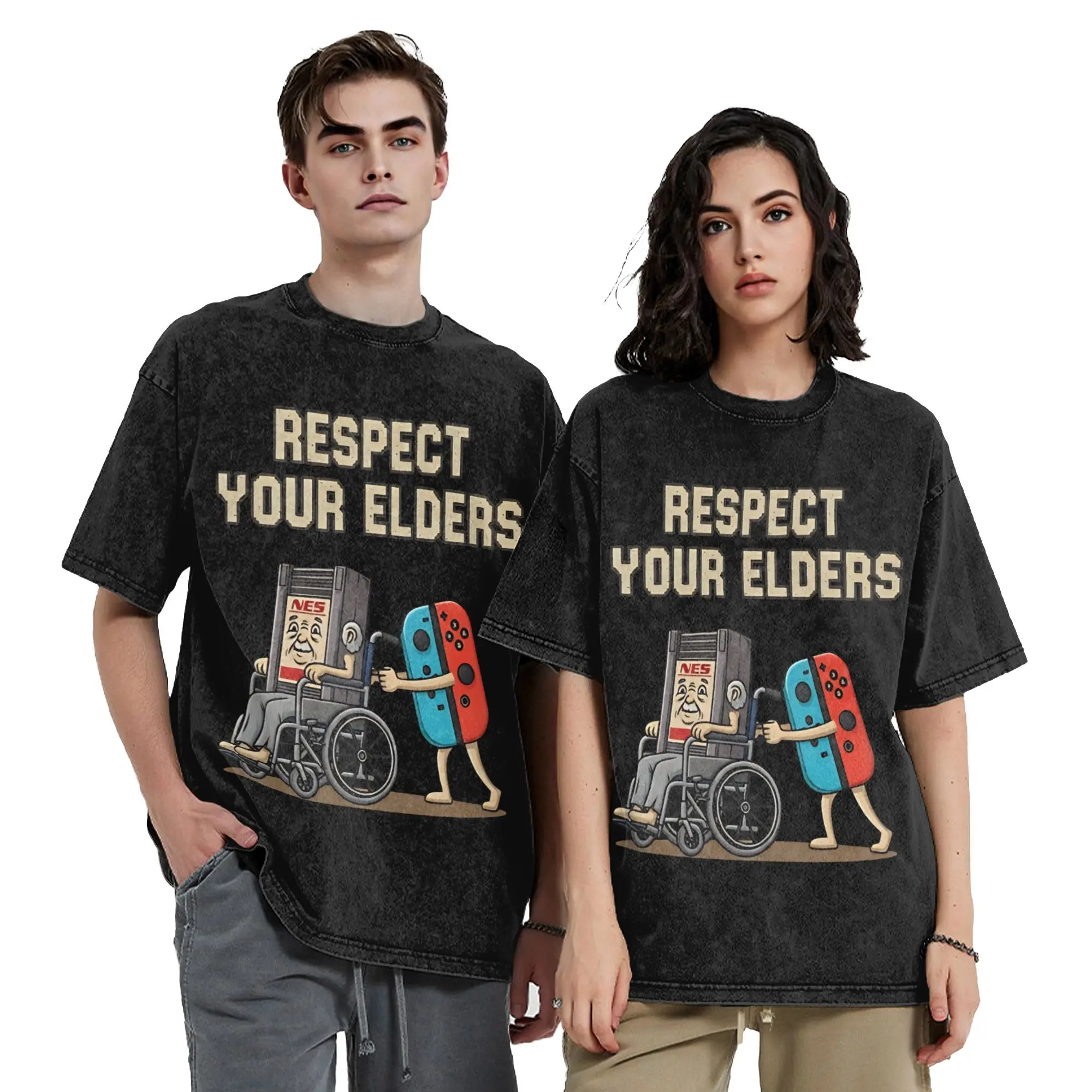 Old School Gaming Respect Your Elders  Vintage Washed T Shirt  Pure Cotton Clothing Vintage Short Sleeve Crew Neck Tees