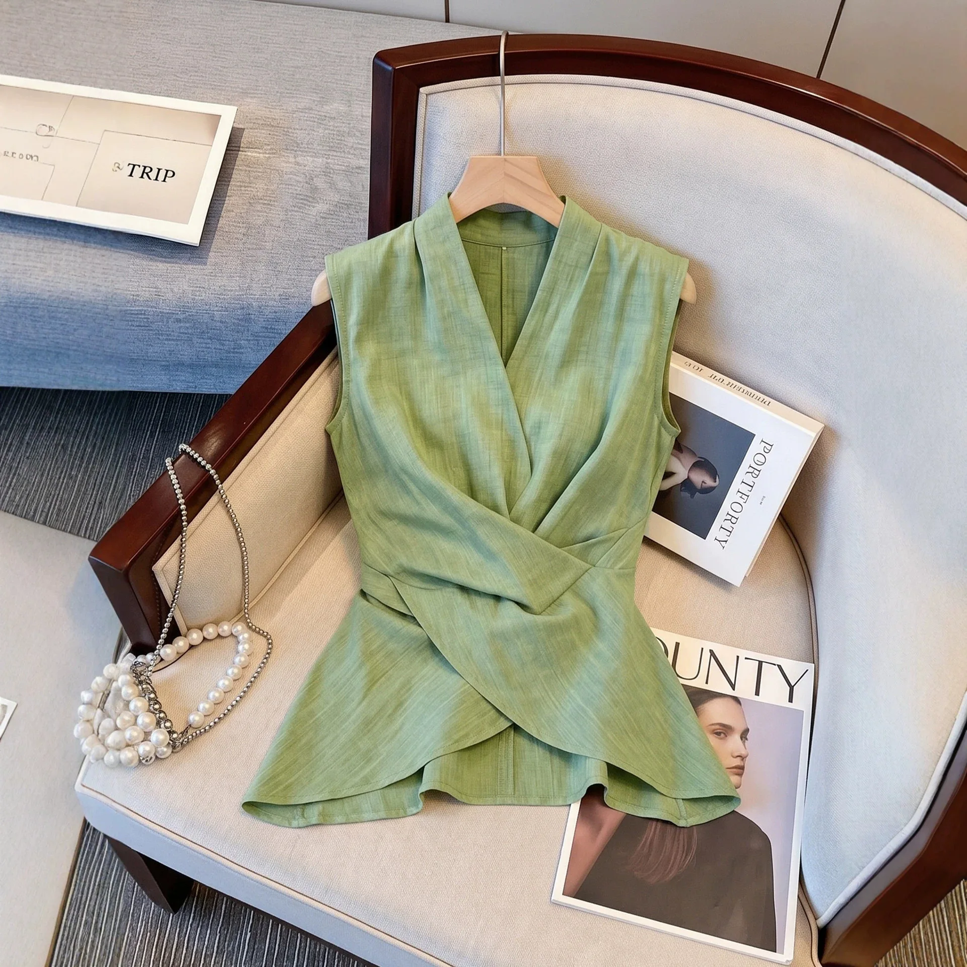 Minimalist Light Green Wrap V Neck Sleeveless Vest Twist Cross Waist Peplum Hem Textured Blouse Women Elegant Summer Tank Tops
