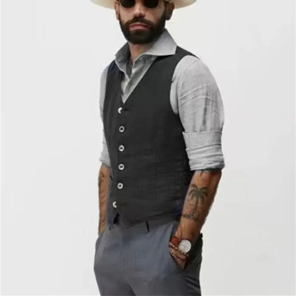 Sleeveless Men Vest Summer Linen Wedding Dress Slim Fit Button Suits Waistcoat Formal High Quality Gilet Ropa Hombre