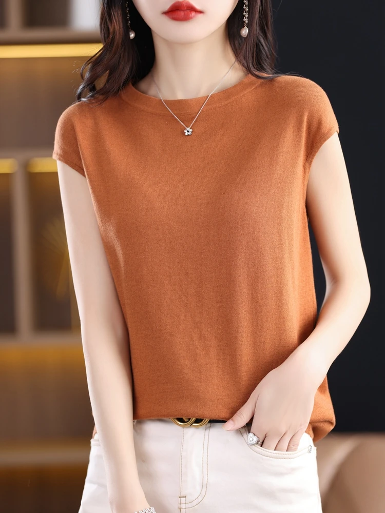 Summer Knitted Tee Tank Tops Women O-Neck Thin Smooth Sleeveless T-shirt 10% Wool Blend Simple Basic CN Size Y2k Tshirts Za 2024