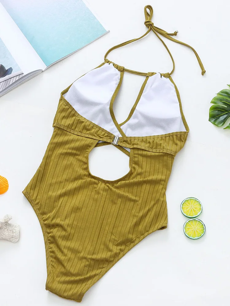 Sexy Halter Tummy Cut Out Female Monokini One Piece Swimsuit Women Swimwear Backless Bather Bathing Suit Swim Lady