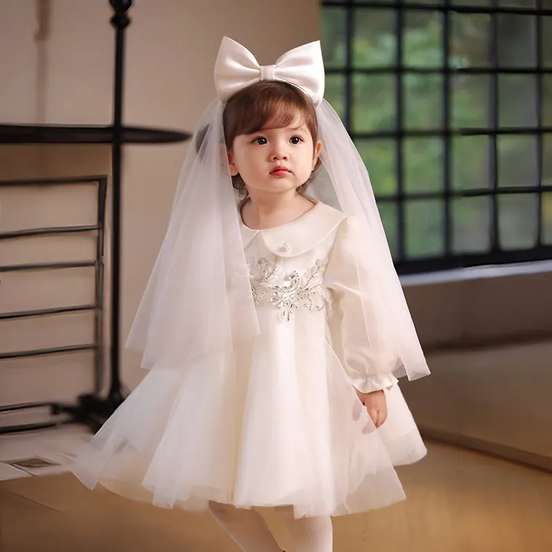 Vestido de Princesa Blanco Estilo Occidental para Niñas, Vestido de Manga Larga para el Primer Cumpleaños, Traje Formal para Ceremonias y Celebraciones