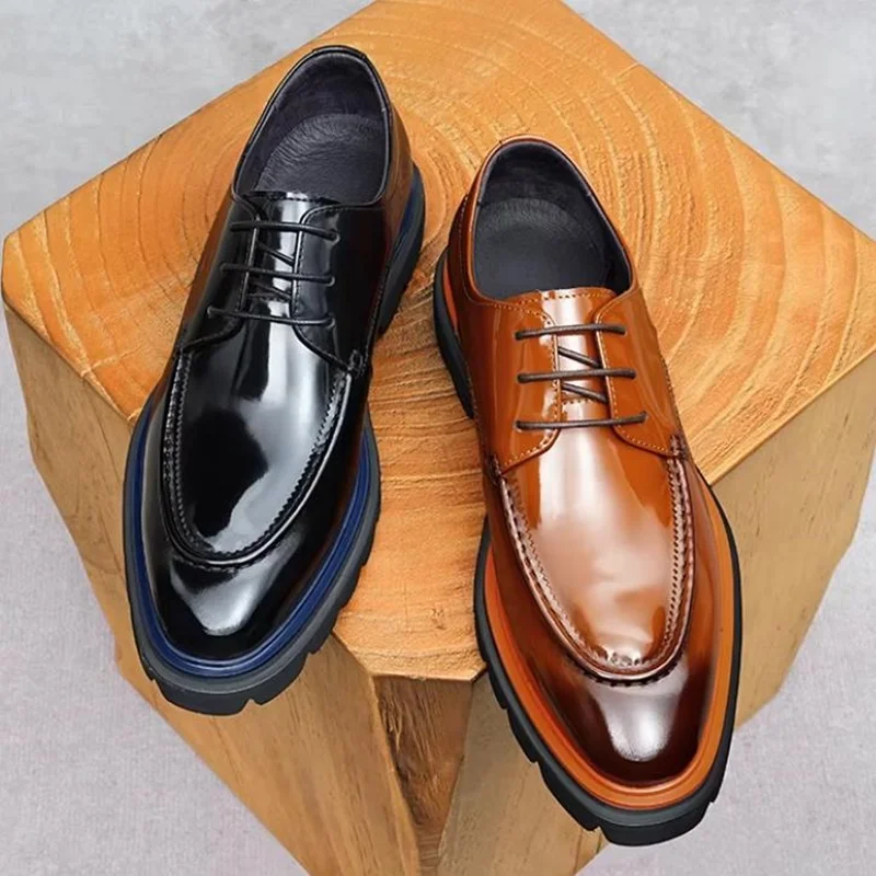 

Классические профессиональные мужские туфли из лакированной кожи, модные деловые туфли на шнуровке, формальные туфли с противоскользящей подошвой, туфли дерби на толстой подошве.