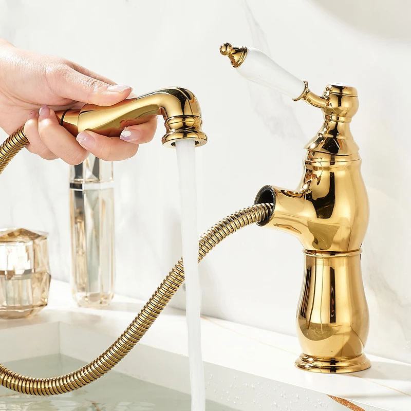 

Gold all-copper pull-out faucet, basin, washbasin, bathroom, wash basin, hot and cold washbasin, bathroom cabinet, household