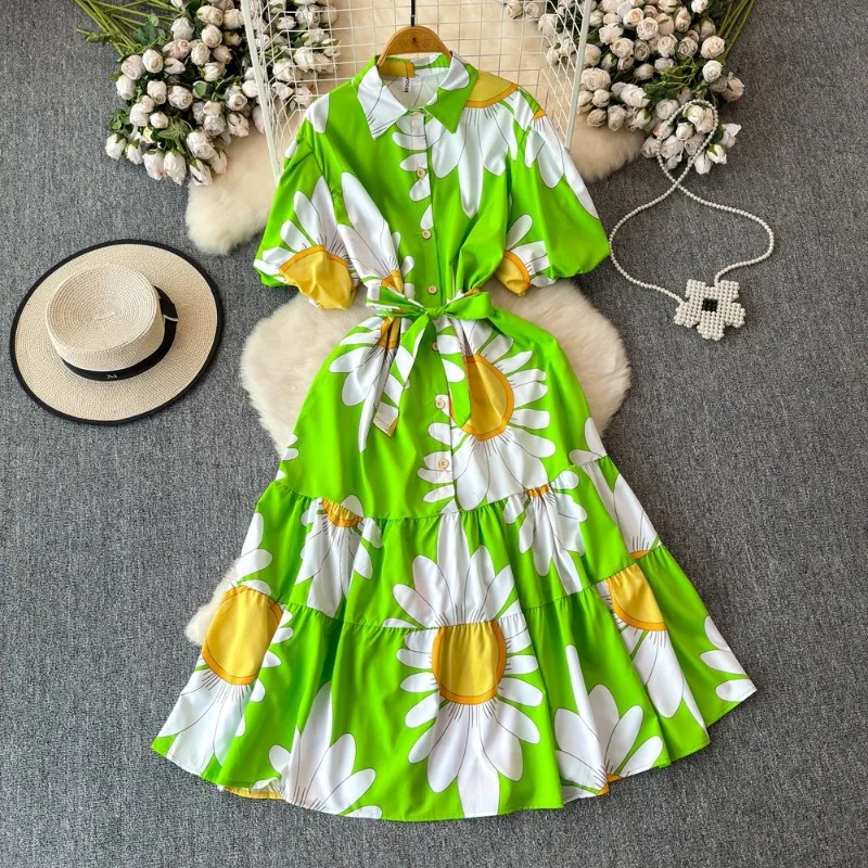 Mode Vintage Print Gebloemde Overhemd Jurk Voor Vrouwen 2024 Zomer Nieuwe Vakantie Design Strakke Taille Afslankende Lange Jurk Vestidos