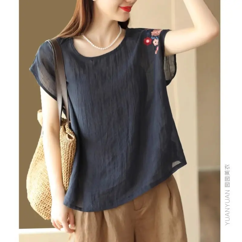 Women Summer Simplicity Loose Large Size Embroidered Cotton and Linen O-neck All-match Camisole Ladies Casual Appear Thin Tops