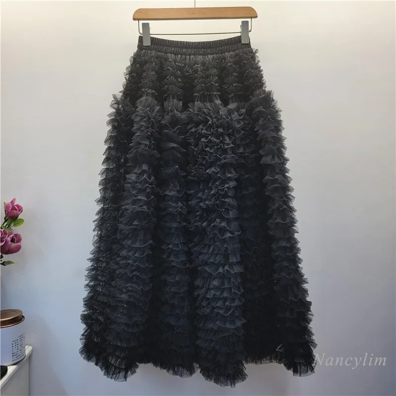 2025 Summer New Color Sweet Age-reducing Pleated Solid Color Mesh Medium and Long Puff Skirt Apricot Cake Skirt for Woman Lady
