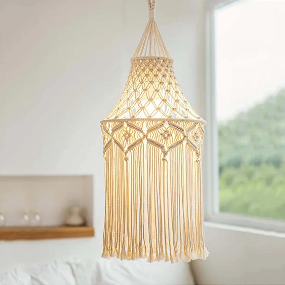 Nordic Macrame Woven Tapestry Lampshade Boho Hanging Lamp Cover Ceiling Pendant Light for Home Bedroom Chandeliers Decorative