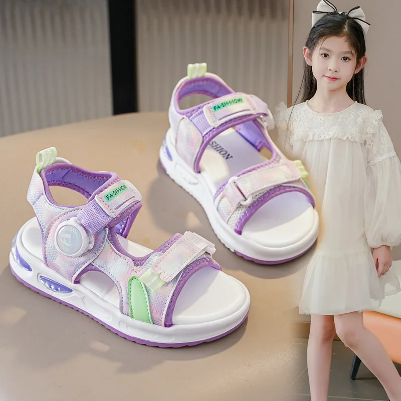 

2026 Summer Little Girls Sandals Shoes Casual Sports Baby Girl Beach Shoes Flats Purple Blue Kids Sandals