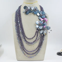 Exquisite !! Shiny anethyst and pearl mixed  long chain 5 shell flower waterfull necklace 19-28