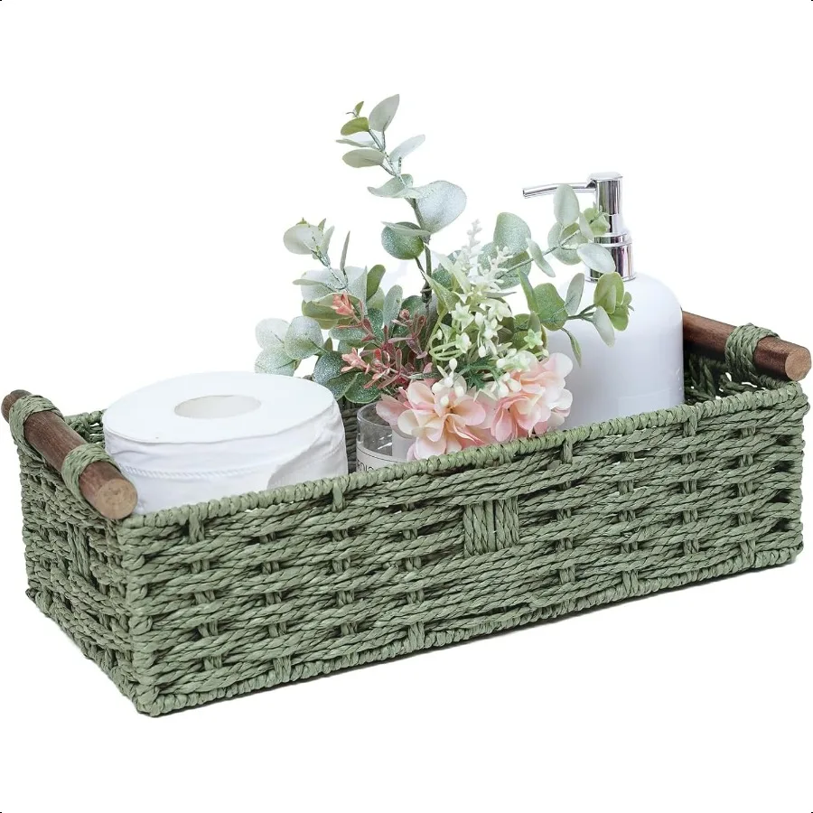 

Round Paper Rope Storage Basket Wicker Baskets for Organizing with Handle Decorative Storage Bins for Countertop Toilet Paper B