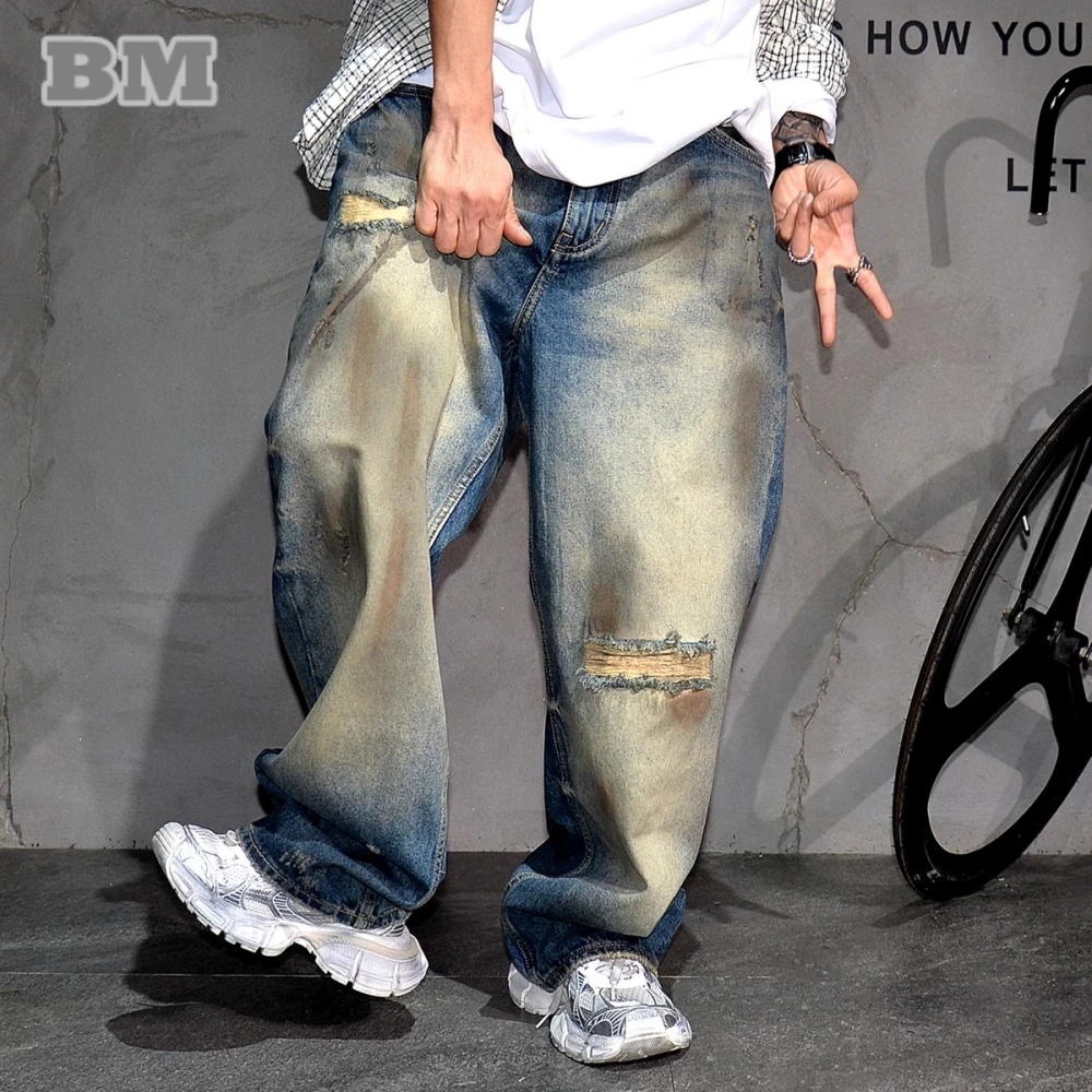 American Hip Hop Beggar Ripped Baggy Jeans For Men Streetwear Skateboard Straight-Leg Denim Pants Vintage Casual Trousers Male