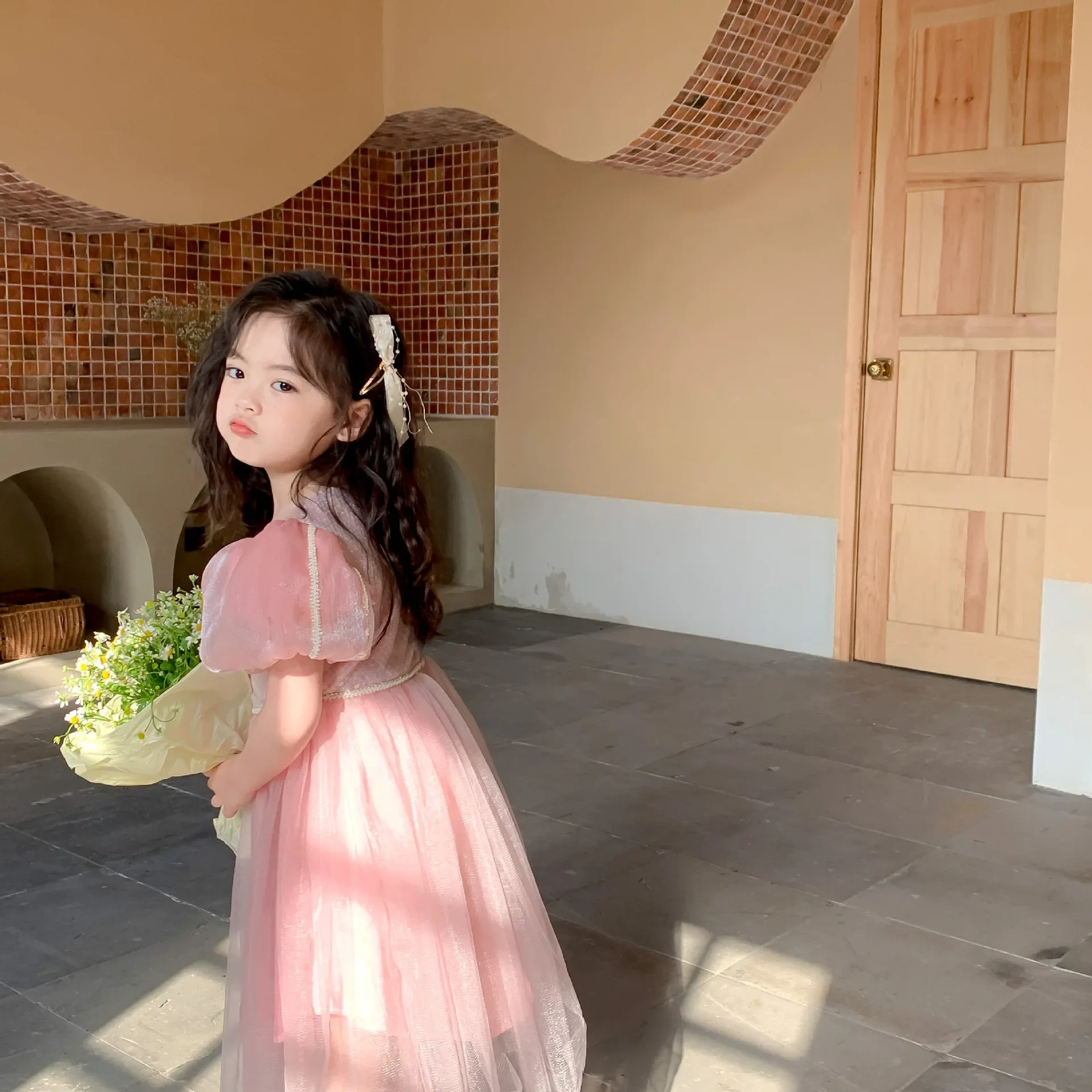 

1169D Women's Sweet Pink Dress 2025 Spring New Girl Princess Dress Puff Sleeve Mesh Stitching Evening Kids Dress