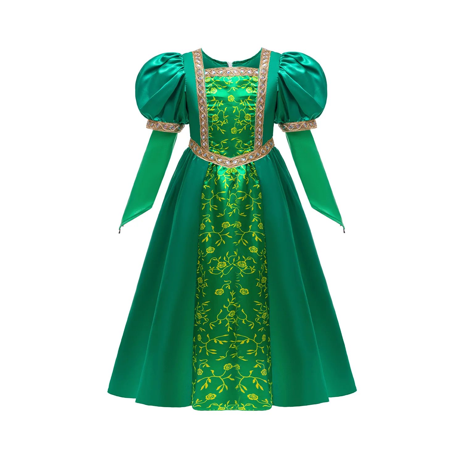 Kids Princess Fiona Costume Green Dress Velvet Long Sleeve Girls Halloween Cosplay Dress up Gown Dress