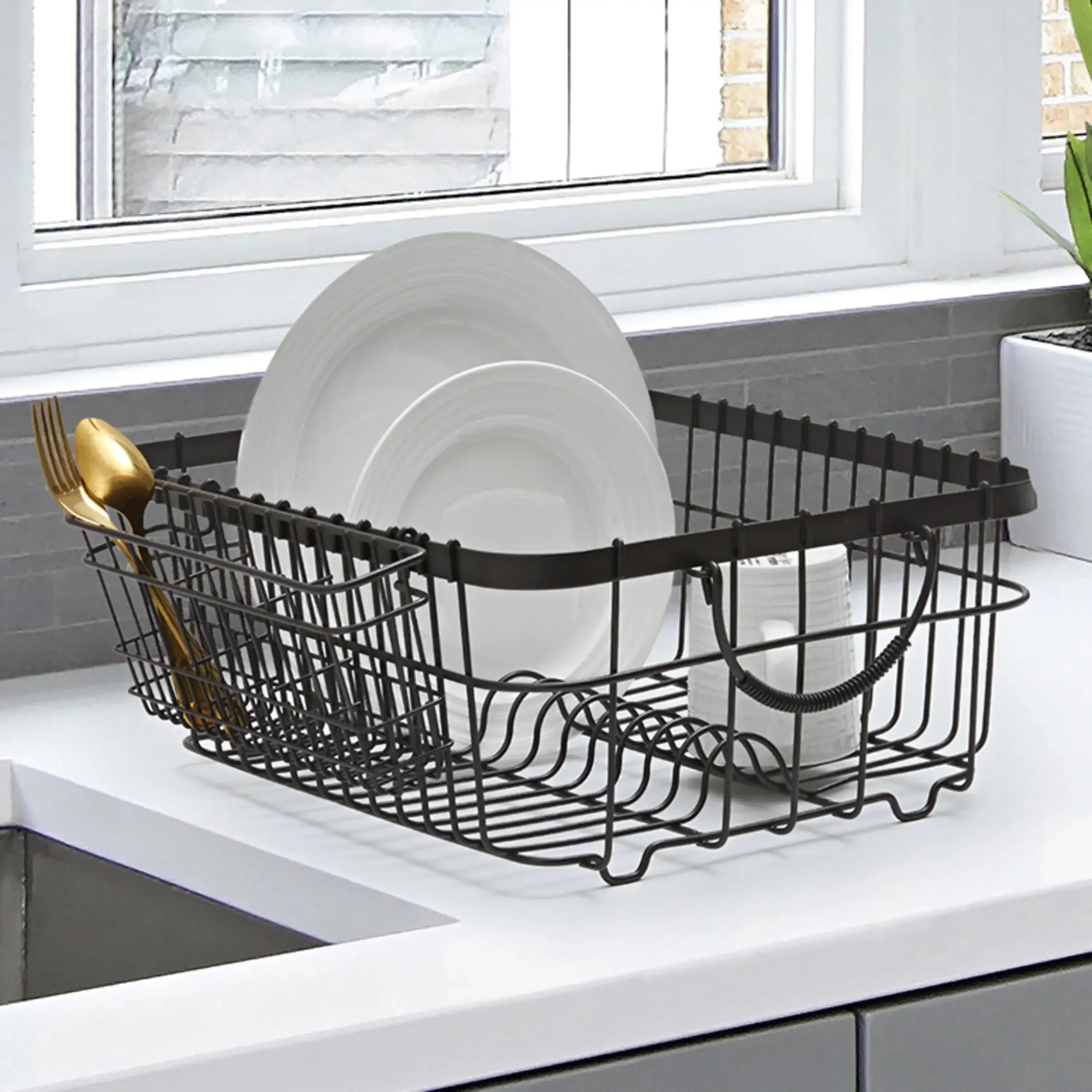 

Antique Gray Dish Drying Rack with Utensil Holder, Space Saving Design for Modern & Farmhouse Kitchen Sinks