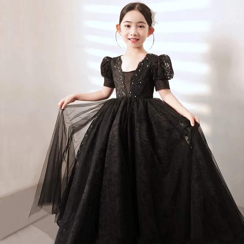 DongCMY Luxurious Flower Girl Dres Kids Black Evening Dresses Girl Birthday Princess Dress Catwalk Host Piano Performance Gown