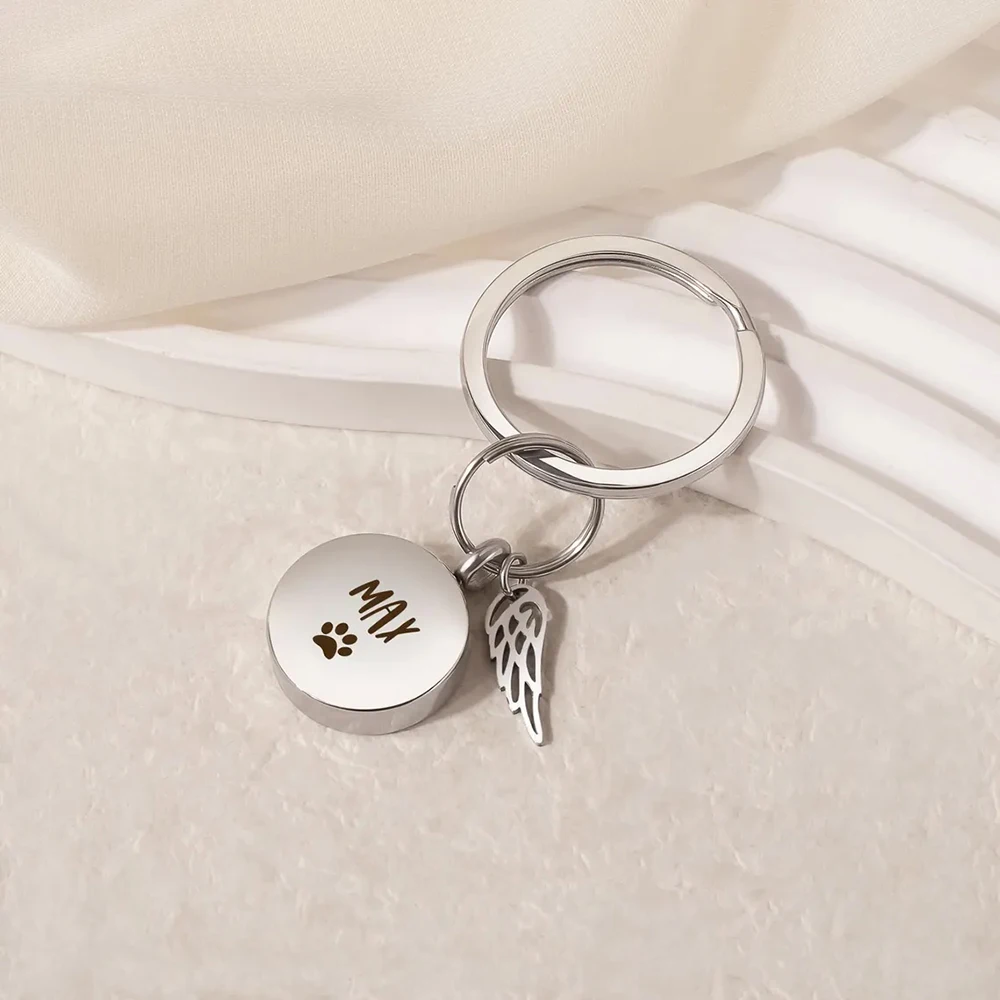 Round Urn Pendant Keychain with Angel Wing for Ashes Stainless Steel Cremation Memorial Jewelry Custom Name Paw Text view 5