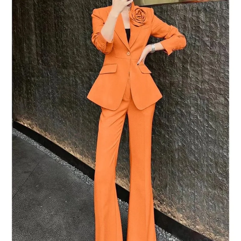 

Новая мода 3D Цветочный оранжевый женский костюм Высококачественный элегантный пиджак с тонкой талией и длинными рукавами + расклешенные брюки комплект из двух предметов