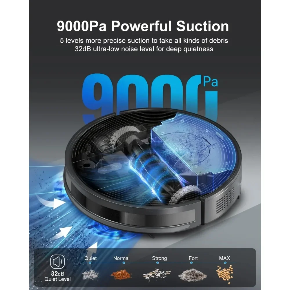D60+ Robot Vacuum Cleaner Self Emptying Base, 85 Days of Dust, Powerful 9000Pa Suction, Wi-Fi/App/Voice Control, Smart Robotic