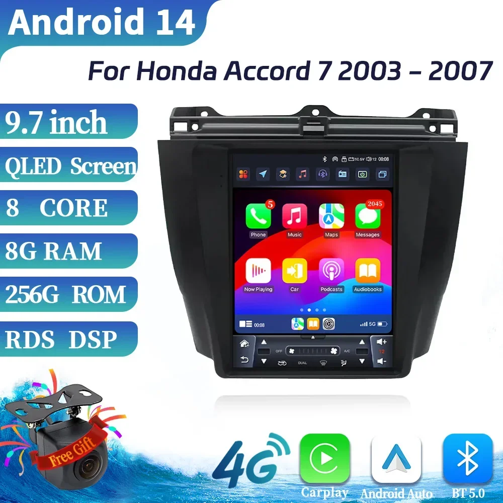 9.7inch Android 14 For Honda Accord 7 2003-2007 Car Radio Multimedia Navigation 4G GPS Apple Wireless BT CarPlay Stereo Screen