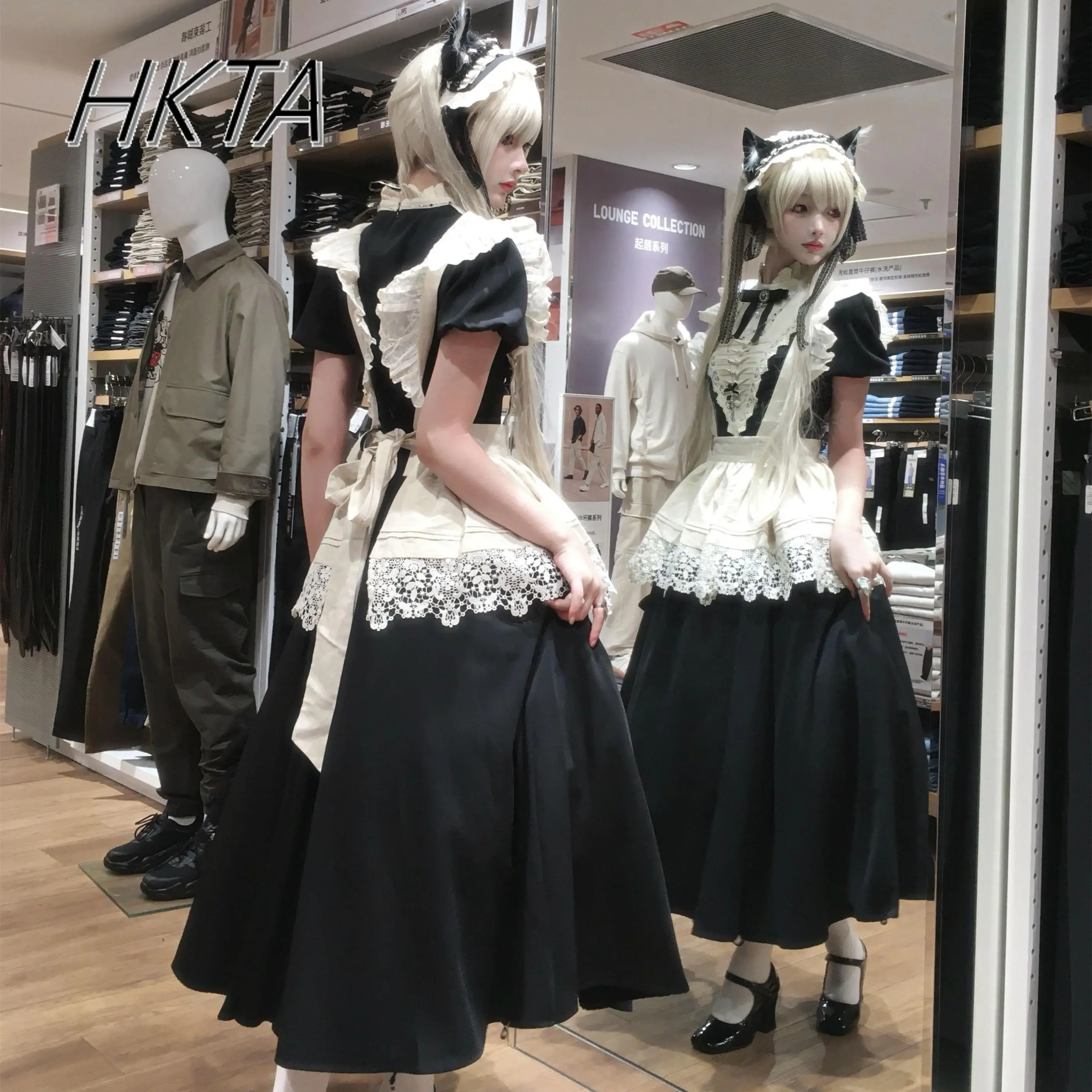 Lolita Grembiule staccabile Manica lunga Pizzo A Line Bow Abiti lunghi Donna Primavera Dolce e carino Cospiay Costume Maxi Abiti Ragazze