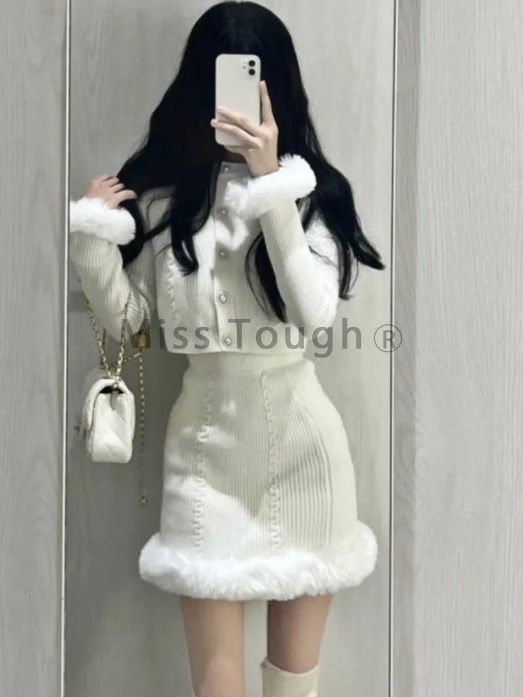 Bianco dolce Kawaii due pezzi Set donna coreano Fashion Party minigonna Set femminile Vintage elegante gonna sottile vestito 2023 autunno