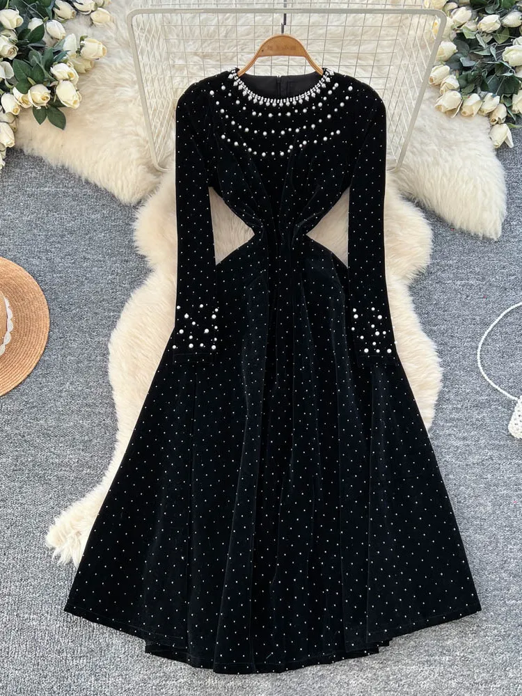 

Ele Heavy Beaded Velvet Long Sve round Ne Dr Women Slimming Bla Long Dr High Waist A-Line French Sle Summer